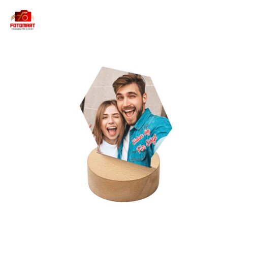 Sekskantet akryl LED-natlampe med træbase